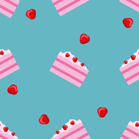 Vector seamless cake and strawberry pattern. Design for cards, menu, textile, fabric. Sweets with vanilla, strawberry and creamのイラスト素材