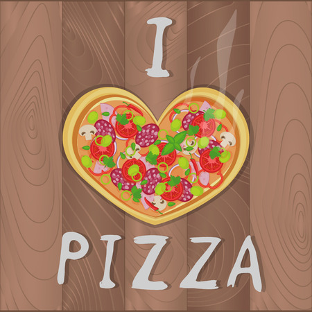 Vector romantic pizza on wooden background in flat style and heart shape and I love pizza text. Pizza design for romantic cards, valentines day, birthday, invitation and greeting cardのイラスト素材