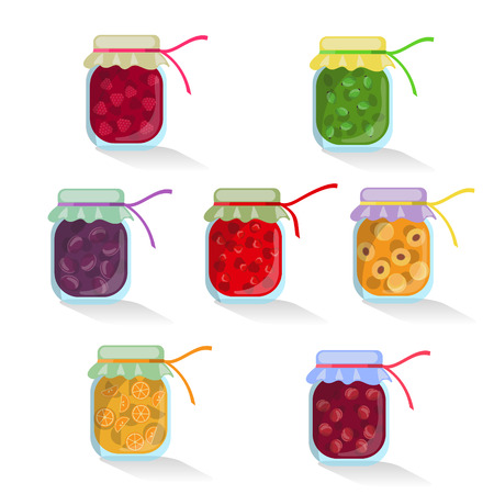 isolated set of jam jar with cherries, raspberries, gooseberries, plums, strawberries, apricots, oranges. Collection on white background. Eco, green, homemade healthy, tasty sweetsのイラスト素材