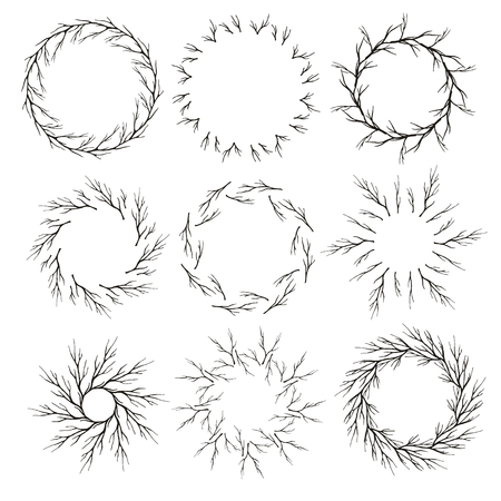 set of hand drawn branch circle frames. Vintage design for decoration wedding, invitation, greeting cards, websitesのイラスト素材