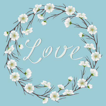 apple blossom branch frame in sky blue background. Floral frame for greeting, wedding, invitation cards, postcards. Lovely, tender spring or summer designのイラスト素材