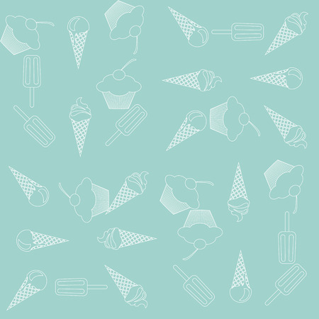 Vector seamless icecream and cupcake pattern in delicate, tender turquoise, green and white colors. Vintage design for wrapping, textile, background, wallpaper, websiteのイラスト素材