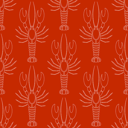 Vector seamless pattern with crayfishes or lobsters 
silhouette in white color on red background. Simple flat design for textile, fabric, wrappingのイラスト素材