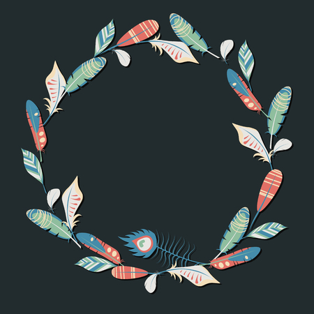 Vector circle frame of colorful feathers on dark background. Elegant tender design for card, website, wrapping, background. Ethnic elements of natureのイラスト素材