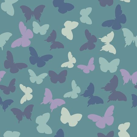 Vector seamless pattern with random violet,  creamy, grey,  blue, green butterflies on green background. Vintage elegant child baby design for wrapping, textile, fabric, invitation, greeting, wedding cards, websitesのイラスト素材