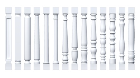 Collection of white isolated columns, pilasters, balustersの写真素材