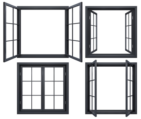 Collection of black window frames isolated on whiteの写真素材