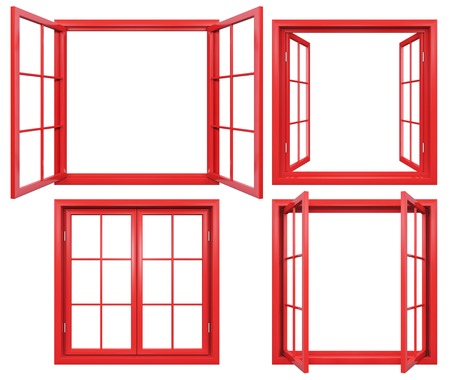 Collection of red window frames isolated on whiteの写真素材