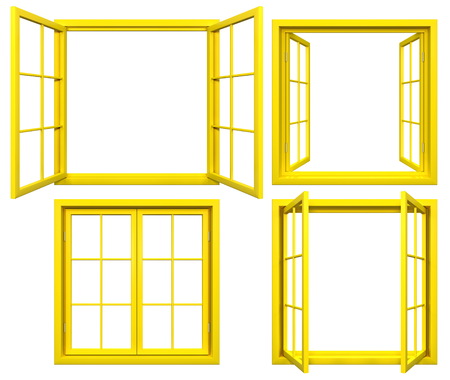 Collection of yellow window frames isolated on whiteの写真素材