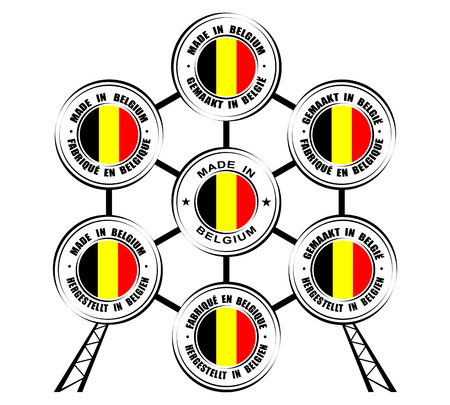 Collection of round labels "Made in Belgium", different languages, Atomium iconのイラスト素材