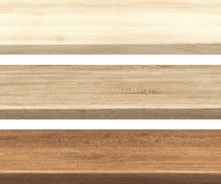 Collection of empty kitchen wooden table tops isolated on white, for product montage displayの写真素材