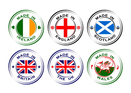 Collection of round labels Made in United Kingdom, Great Britain with flag, Wales with dragon, Scotland with thistle, England with rose, Ireland with shamrockのイラスト素材