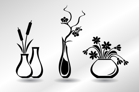 Collection of flat icons vases with flowers: orchid, snowdrops, bulrushのイラスト素材