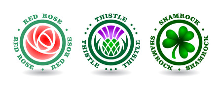 Collection of round logotypes with rose, thistle, shamrock. National symbols of England, Scotland, Irelandのイラスト素材