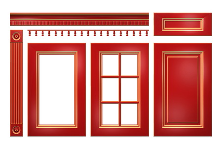 Red with gold door, drawer, column, cornice for kitchenの写真素材