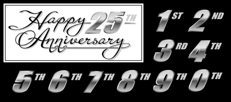 Set of handwritten calligraphy lettering "Happy Anniversary" with silver numbersのイラスト素材
