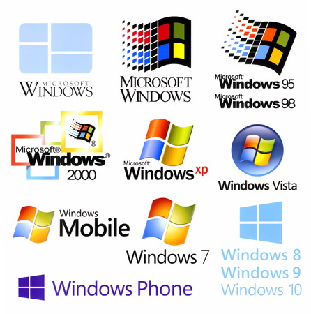 Evolution of Microsoft Windows logotypes, printed on white paper