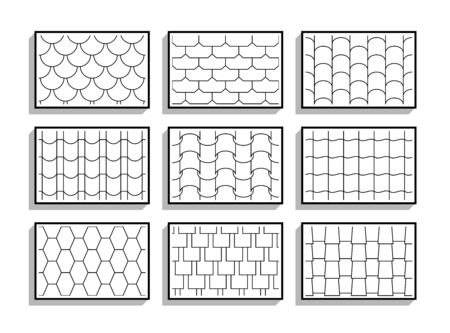 Set of seamless roof tiles textures. Black and white graphic patterns of architectural materialsのイラスト素材