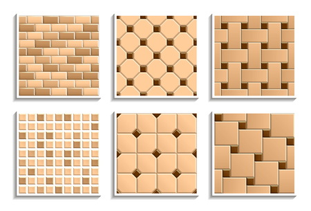 Set of seamless floor and wall tiles textures. Vector repeated patterns of mosaic, subway, brick, hopscotch, octagon, dot, basketweaveのイラスト素材