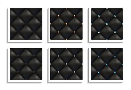Seamless vector patterns of black leather upholstery with gold, silver, diamond buttons. Luxury textures of vintage furnitureのイラスト素材