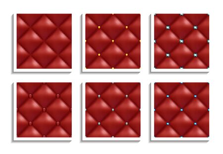 Seamless vector patterns of red leather upholstery with gold, silver, diamond buttons. Luxury textures of vintage furnitureのイラスト素材