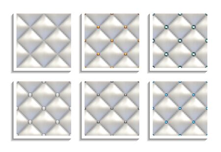 Seamless vector patterns of white leather upholstery with gold, gray, silver, diamond buttons. Luxury textures of vintage furnitureのイラスト素材