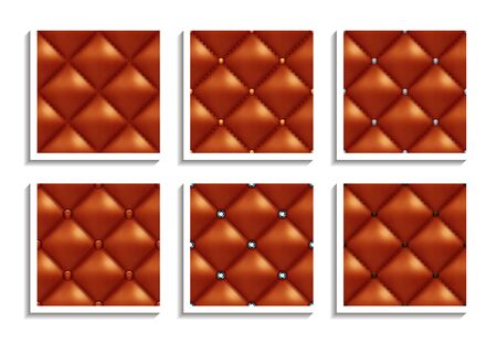Seamless vector patterns of brown leather upholstery with gold, silver, diamond buttons. Luxury textures of vintage furnitureのイラスト素材