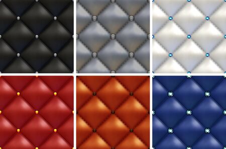 Luxury set of black, white, gray, brown, red, blue patterns of vintage furniture upholstery with different buttons. Seamless textures of leather furniture backgroundの写真素材