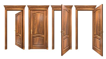 Closed and open brown wooden doors isolated on white. Natural hard wood entrance with arched panels, cornice, columns. High resolution 3D rendering with copy spaceの写真素材