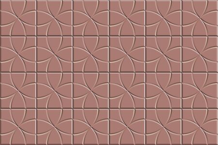 3D seamless texture of circle squared floor tiles. Repeating red pattern of radial stone pavementの写真素材