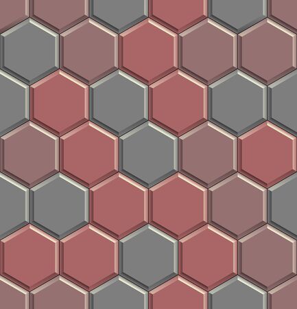 Seamless texture of hexagon concrete street tiles. 3D repeating pattern of red and gray honeycomb pavement stonesの写真素材