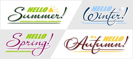 Vector set of calligraphic lettering text Hello Spring, Summer, Autumn, Winter. Handwritten isolated phrase 4 seasons holiday cardのイラスト素材