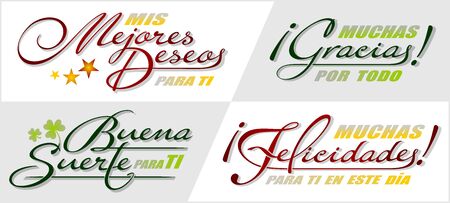 Handwritten lettering in Spanish language - Felicidades, Mejores deseos, Buena Suerte, Gracias. Vector calligraphy isolated phrases - Congratulations, Best wishes, Good luck, Thank youのイラスト素材