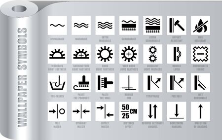 Full set of wallpapers black symbols isolated on white. Vector square icons for wall paper roll packaging. Application, usage and removal guideのイラスト素材