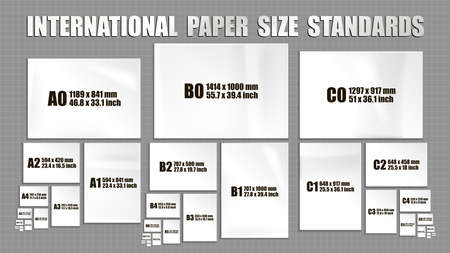 Full set of international ISO format standards of paper sheets series A, B, C. Mock up of realistic white paper pages in different sizesのイラスト素材