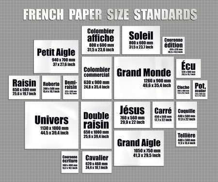 Full set of old France paper sheets standards. French mock up of realistic white pages in different real sizes and formatsのイラスト素材