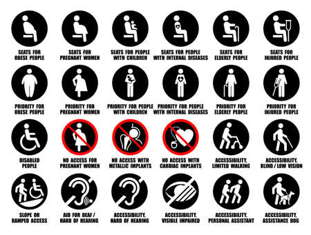 Full vector pictograms collection of round ISO icons of disabled, injured, pregnant, obese, old people with wheelchair, children, dog, assistant symbolsのイラスト素材