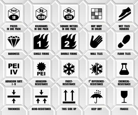 Full set of ceramic tiles packaging symbols with description. Package black square floor icons isolated on white wall. International standard ISO pictogramsのイラスト素材