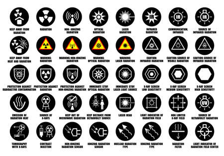Full set of laser, X-ray, infrared, ultraviolet, optical radiation icons with international standard ISO descriptionのイラスト素材
