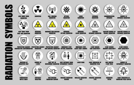 Full vector set of black radioactive symbols isolated on white. Radiation danger and caution ISO icons with warning informationのイラスト素材