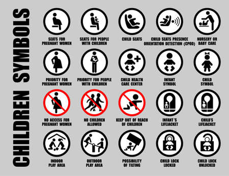 Full vector set of black ISO icons with children symbols, isolated on white. Prohibition and allowed signs with baby, child, kid, infant pictogramsのイラスト素材