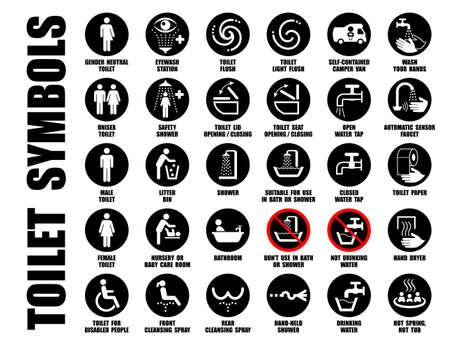 Vector collection of black WC pictograms isolated on white, Symbols of hand wash, water tap, mobile toilet, bath, shower, bowl, paper, bin iconsのイラスト素材