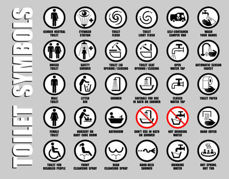 Full ISO set vector icons of public toilet signs. Round symbols of men, women, unisex gender restroom pictograms with WC equipmentのイラスト素材