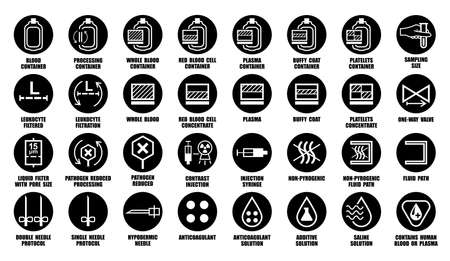 Full vector set of packaging icons for medical devices contain human blood, cells, plasma, platelets, leukocytes. Black package pictograms isolated on whiteのイラスト素材
