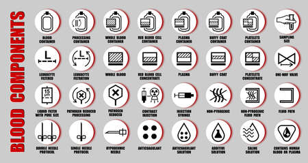 Full vector collection of ISO black pictograms using hospital, blood center, medical devices manufacturer for packaging devices contain people blood and componentsのイラスト素材