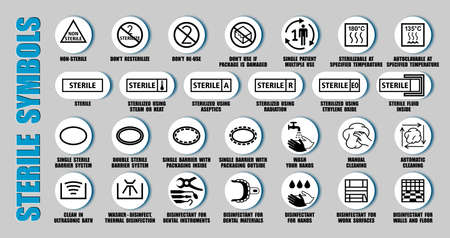 Full vector set of sterilized and disinfectant symbols for medical device package, using ISO, FDA icons. Packaging pictograms of cleaning medicine equipmentのイラスト素材