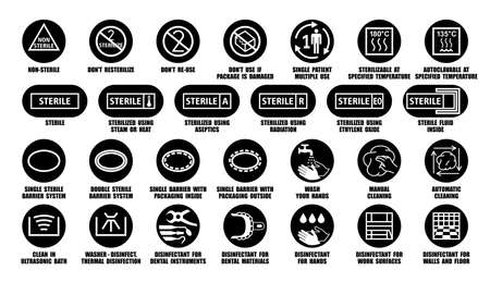 Full vector package collection of disinfectant symbols for medical device, equipment, instruments, materials. Sterile and non-sterile black icons isolated on whiteのイラスト素材