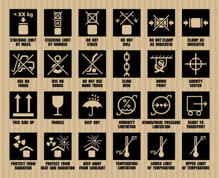Full vector set of ISO transportation symbols for industrial package handling. Black warning icons of international cargo delivery isolated on cardboard paper backgroundのイラスト素材