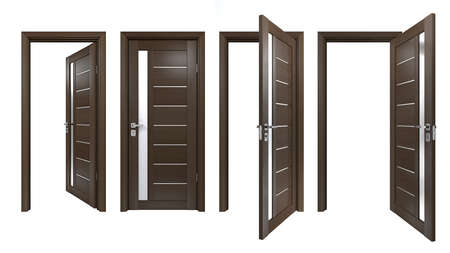 Set of 3D realistic doors with vertical glass stripe and horisontal wooden planks. High resolution texture of dark brown wood entrances isolated on white backgroundの写真素材