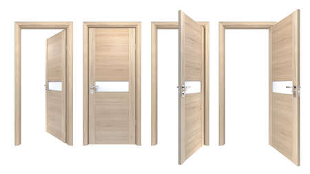 Modern set of light pine wooden doors with matt glass stripe, isolated on white. Simple modern style of indoor entrance for minimalistic style interior designの写真素材